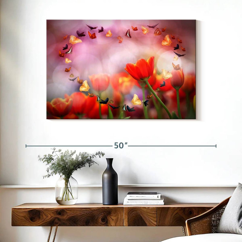 Hardie, tulipes et papillons, H 26 po x l 39 po