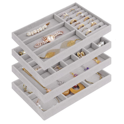 4 Stackable Jewelry Trays Organizer Set For Drawer, Jewelry Organizers And Display Case Storage, Velvet Drawer Inserts Organizer, Grey
