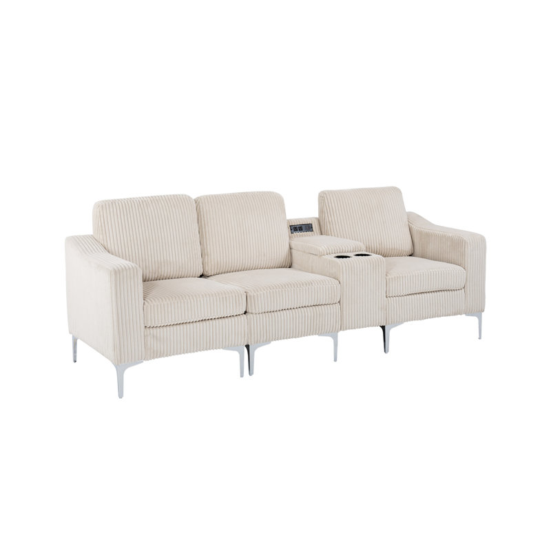 Canapé modulaire convertible en velours côtelé avec porte-gobelets, USB, trois places, beige, Velours côtelé beige