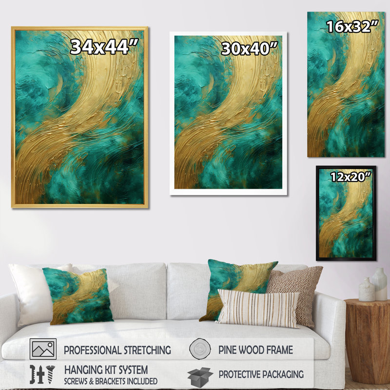 «Gold Teal Oceans Alchemy Spiral IV», reproduction d'art sur toile, H 32 po x l 16 po x P 1 po, Cadre flottant noir