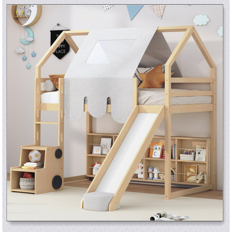 Wooden Loft Bed House-Shaped Frame With A Tent, Natural/Beige, Lit simple