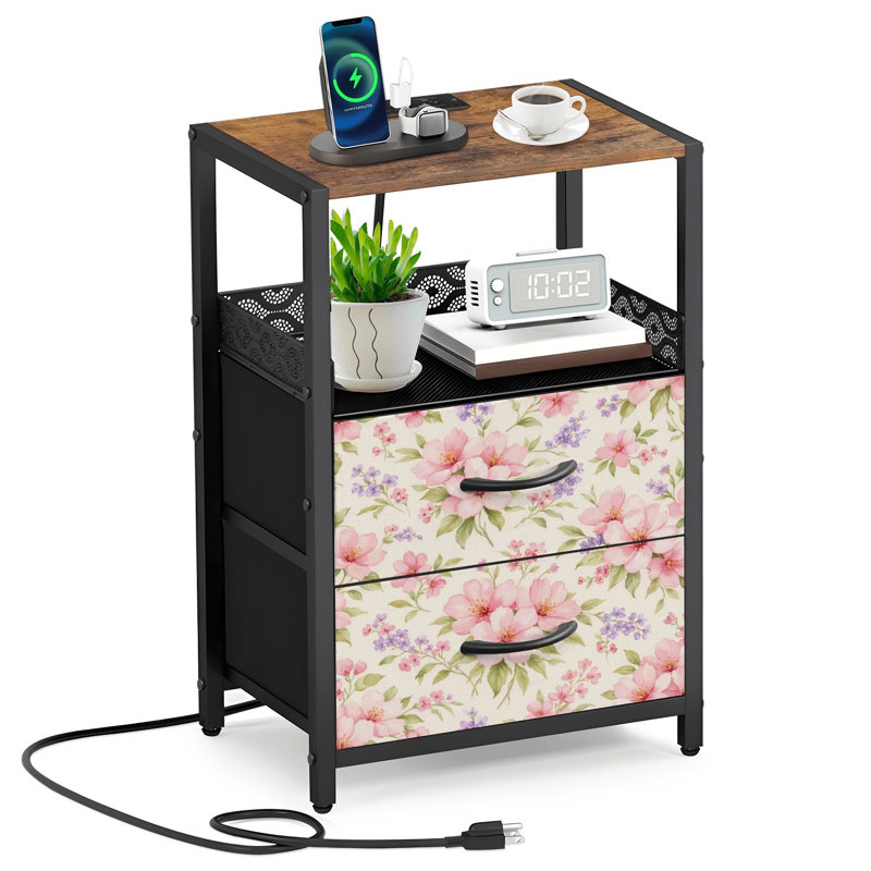  Table de chevet 24,2 po à 2 tiroirs avec fleurs et fleurs à l'aquarelle rose et mauve avec station de charge