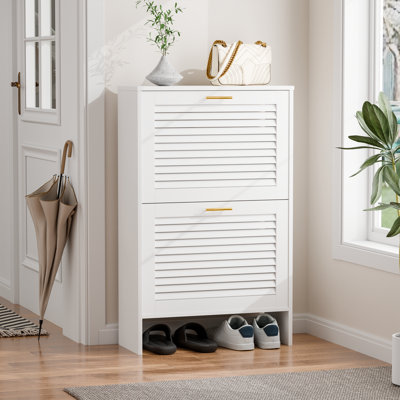 Shoe Storage Cabinet With 2 Flip Drawers, Freestanding Narrow Shoe Rack Organizer With Louvered Doors, Shoe Cabinet For Entryway