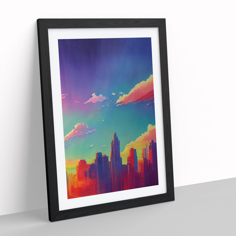 City Skyline Watercolour No.3 - Wall Art, 66cm H x 48cm W x 2cm D, Black Framed, White
