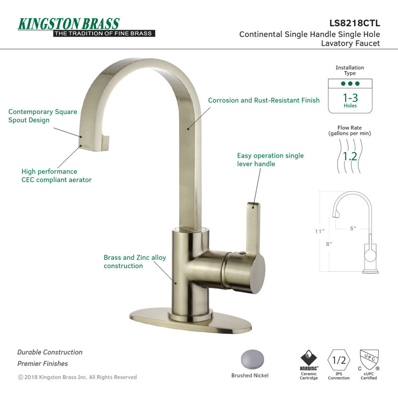 Kingston Brass Continental Single-Handle 1-Hole Deck Mount Bathroom Faucet with Push Pop-Up, Brushed Nickel