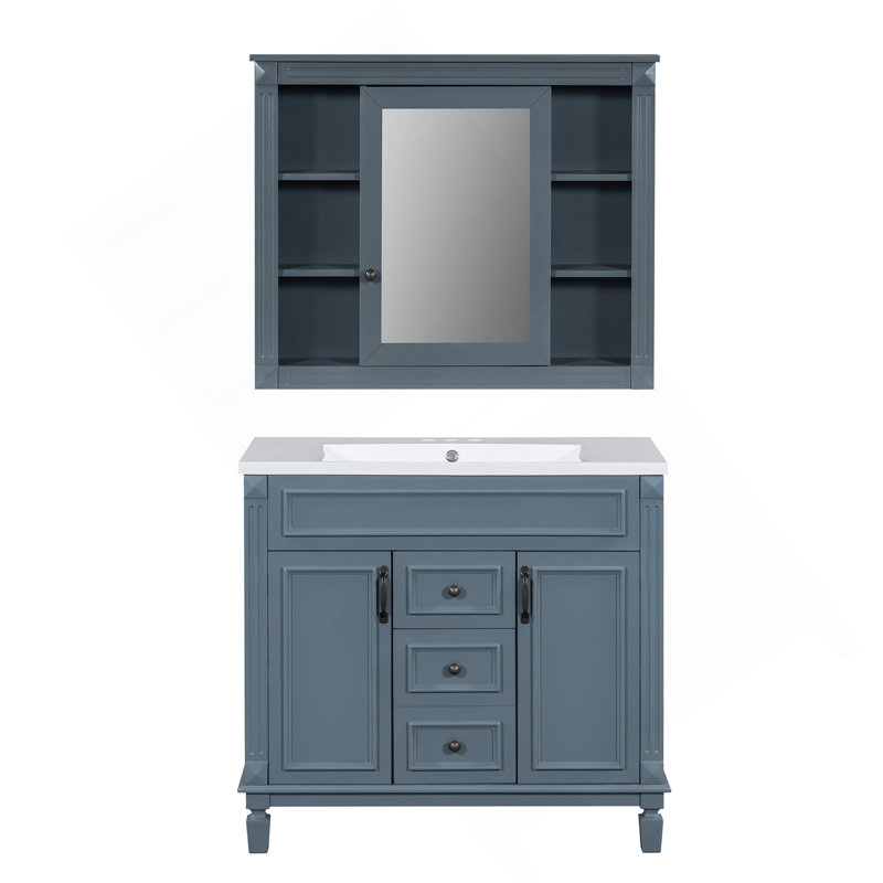 Meuble-lavabo de 36 po avec lavabo supérieur, armoire à miroir, armoire de rangement moderne avec 2 portes à fermeture douce et 2 tiroirs, meuble-lavabo simple