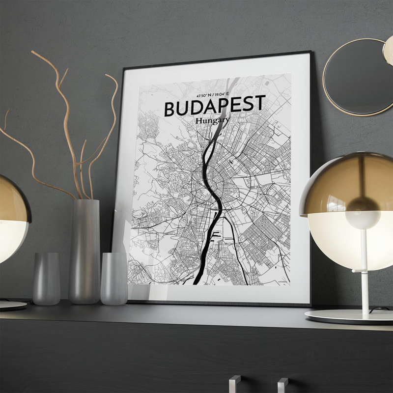 Carte de la ville de Budapest, impression, H 24 po x l 18 po x P 0,05 po, Encre