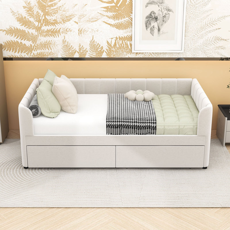 Twin Size Daybed with Ergonomic Backrest and Storage Drawers, Beige