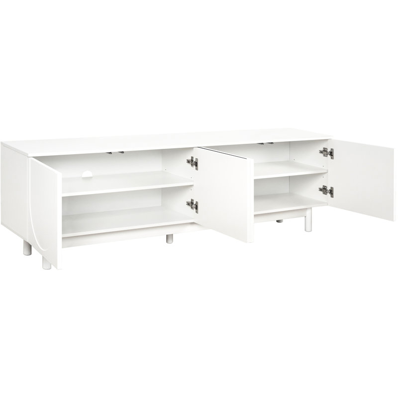 Meuble télé minimaliste pour écran de 78 po: armoires arquées, blanc, pieds en bois massif, tablettes réglables, conception compacte avec armoires