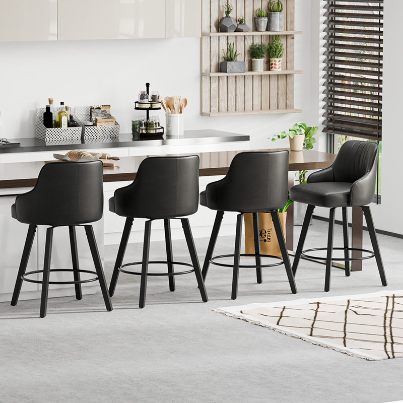 Thick Padded Cushion Wood Legs Modern Bar Stool With 360° Rotation Grey, Black, 1