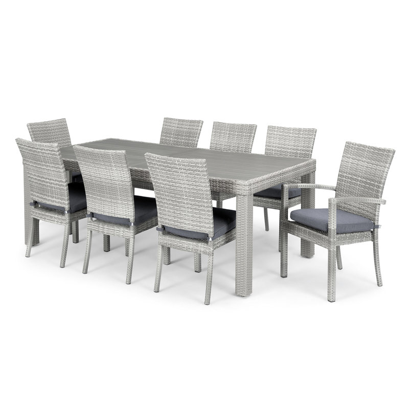 Fionnula 8-Person Rectangular Patio Dining Set with Sunbrella Cushions, Gray Frame/Stone Gray Canvas Cushion