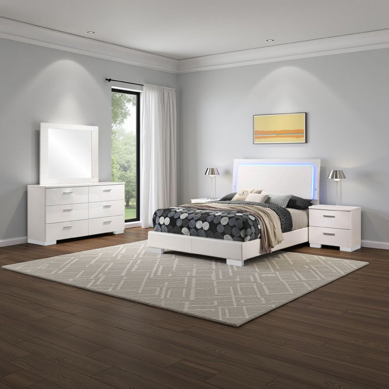 Ensemble de chambre à coucher 4 pièces Sok, blanc moderne, tête de lit tapissier à DEL, Blanc / Chrome, Complète