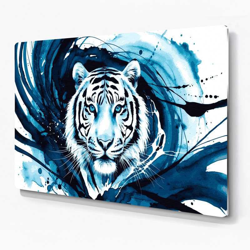 «Big Cats» aux yeux bleus, tigre blanc, art mural en métal bleu