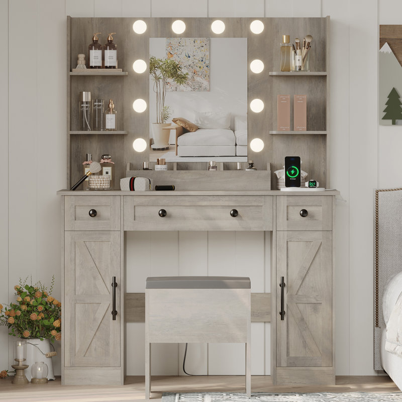 Ensemble de coiffeuse de maquillage Fraydoun, l 42,5 po, 5 tiroirs, 6 tablettes, miroir à DEL réglable et charge, style maison de campagne