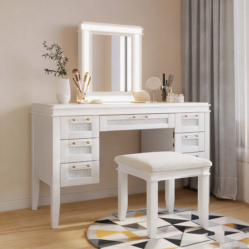 48" Vanity Desk with Mirror and Lights, Makeup Vanity with 7 Drawers and Cushioned Stool, Classic Beige Finish Dressing Table with Hollow Design Drawer for Bedroom, Rubber Wood Legs, Light Beige