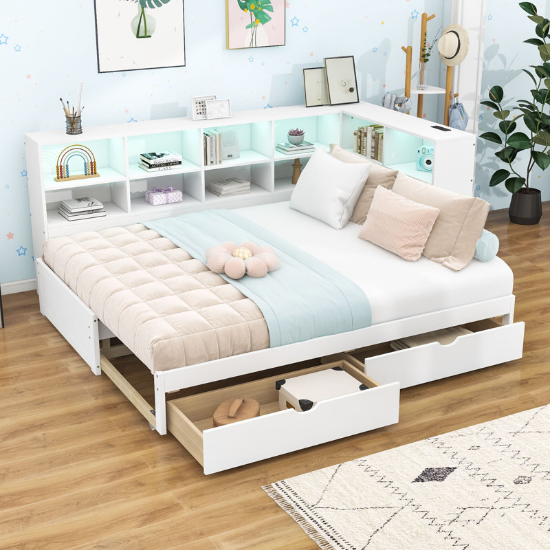 Lit de jour simple TG avec tiroirs de rangement, lumières DEL et ports USB, White