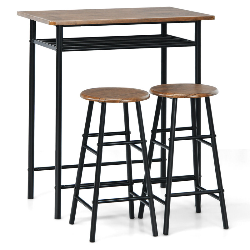 Ensemble de table bistro 3 pièces à hauteur de comptoir avec 2 tabourets en teck, Teck, Teck / Noir