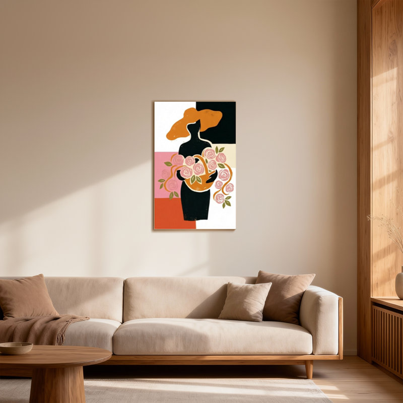 Plantes et fleurs, femme abstraite tenant un motif de roses, 28" H x 40" W