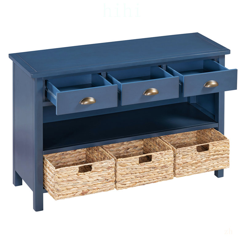 Console rétro avec 3 tiroirs et paniers tissés, idéale pour le rangement et le décor de l'entrée, du couloir et du salon