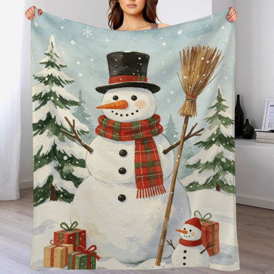 Snowman Hat Scarf Luxury Flannel Throw Blanket, Soft Warm Fuzzy Blanket for Living Room Sofa Bed Home Decor