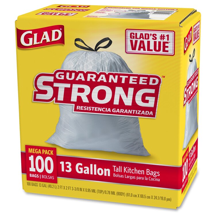 Glad CLO78526CT 13 gal Strong Tall Kitchen Trash Bags - Box of 100