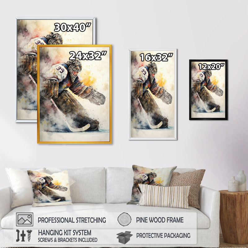 Hockey Gardien pendant le jeu VII - Peinture sur toile, H 32 po x l 16 po x P 1 po, Cadre flottant doré
