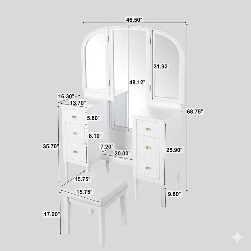 Meuble-lavabo de style antique avec miroir triple. Cet ensemble de coiffeuse à 6 tiroirs comprend un tabouret et un miroir pleine grandeur, conçu pour les vestiaires de chambre à coucher, en blanc.