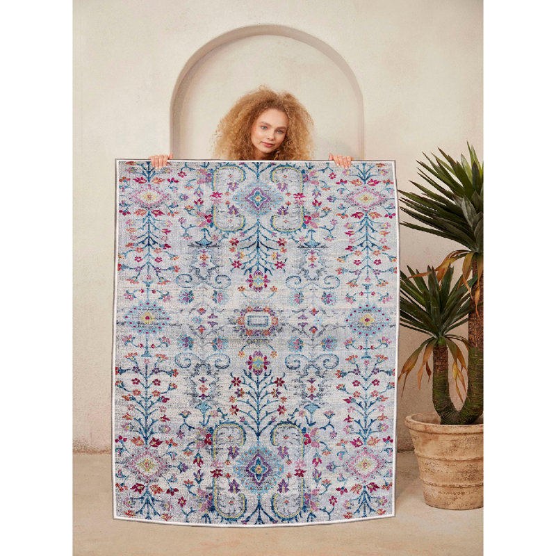 Durable Cotton Area Rug, 3.3 x 9.8 Feet | 100% Cotton, 1.3 lbs/sq ft | Pile Height: 0.4 in, Total Thickness: 0.3 in | Antibacterial, Non-Slip PVC Underside | Machine Washable, Blue, Orange, Pink & Grey Design for Home Decor
