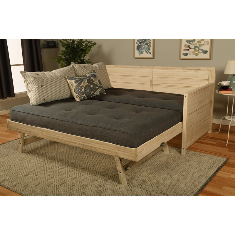 Braunste Twin MDF Wood Daybed with Trundle(Mattresses Included), Weathered White, Linen Charcoal