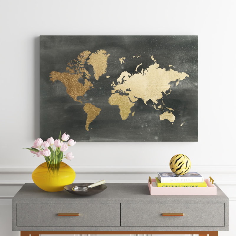 Gold World Map On Black Wash by Jennifer Goldberger - Print, 81cm H x 122cm W, Wrapped Canvas