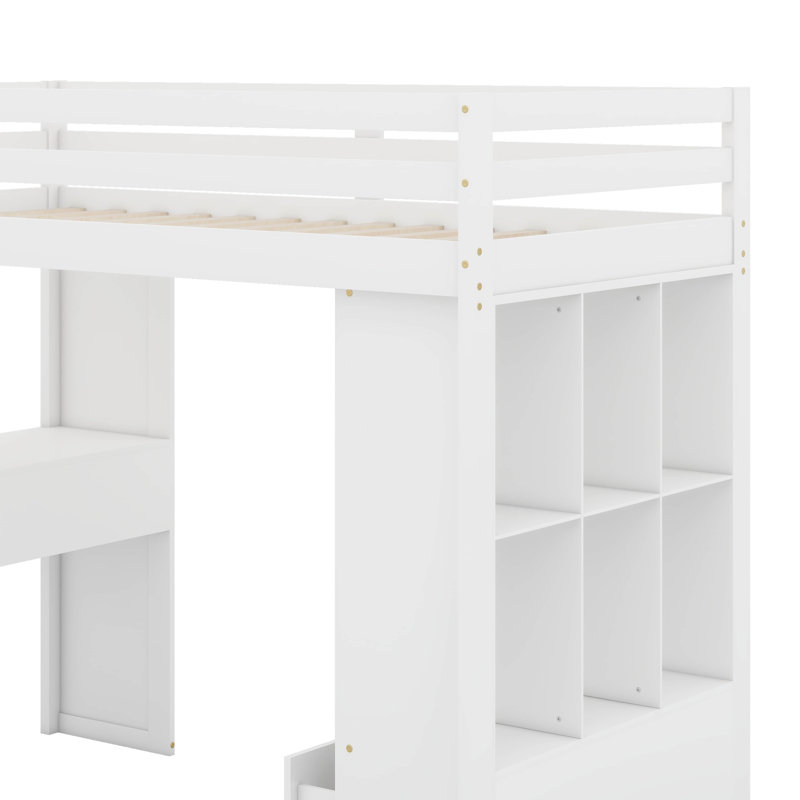 Lit mezzanine simple avec grandes tablettes, bureau et DEL, Blanc