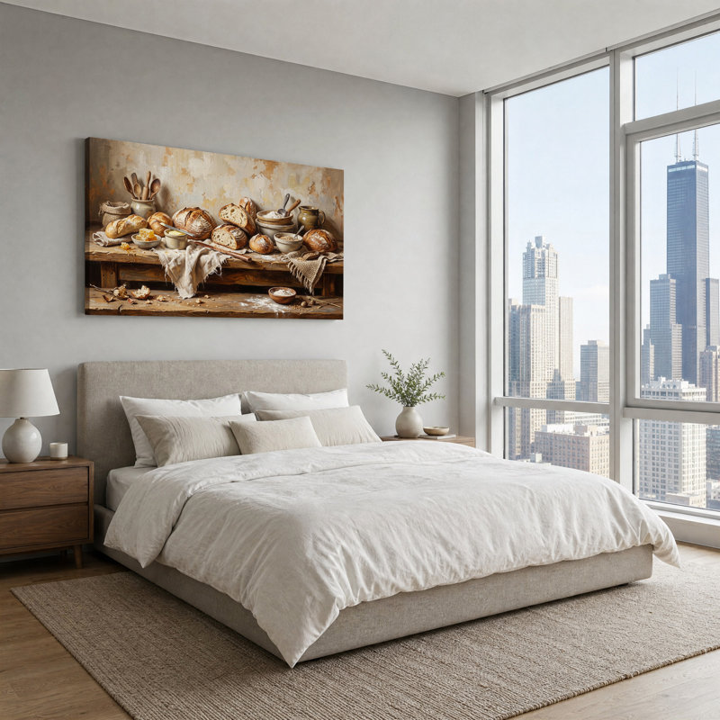 Toile rustique, pains et bols de farine sur une table en bois, art mural, L 40 po x H 20 po