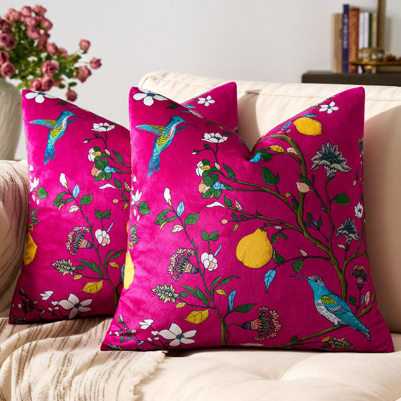 Velvet Floral Hummingbird Pillow Covers, Whimsical Home Decorative Sofa Bed Covers, Square 20", Hot Pink