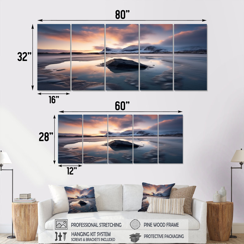 «Sunrise On Rocky Beach IV - Coastal Beach», art mural 5 pièces pour le salon, H 32 po x l 80 po