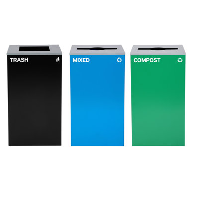 29 Gallon Steel Open Top Mixed Recycling, Compost, and Trash Can Set with Square and Mixed Lid