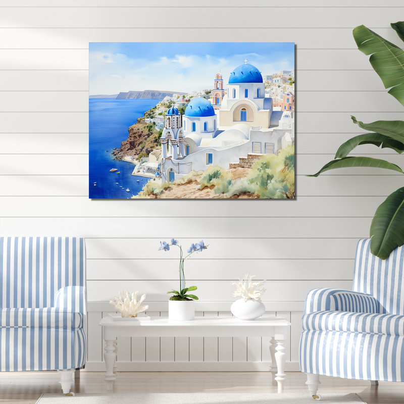 «Blue and White Greek Isles Village III - Grèce», art mural, Toile tendue, H 16 po x l 32 po x P 1 po
