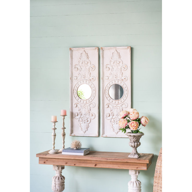2 grands panneaux muraux en bois, 17 po x 48 po, fini blanc vieilli et miroirs, sapin robuste pour la décoration intérieure en bois 17 po x 48 po, 2 pièces, avec détails de miroir,
