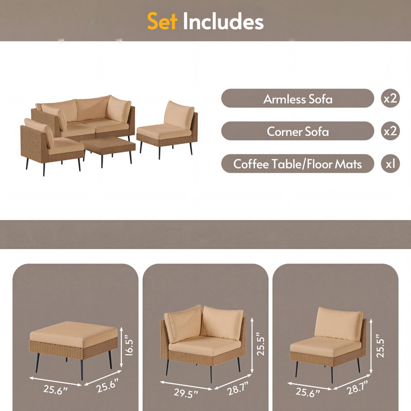 Ensemble de conversation modulaire en osier pour terrasse pour 4 personnes avec coussins