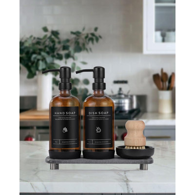 Kitchen Soap Dispenser Set,Amber Bottle + Black Pump