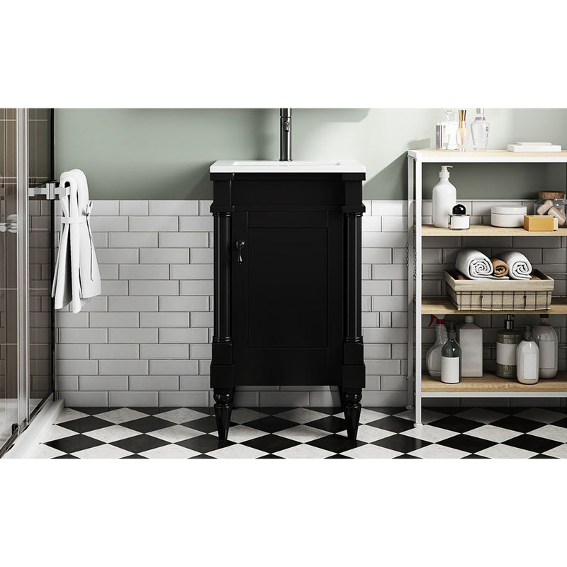 Meuble-lavabo de salle de bain moderne - noir, rétro, compact, assemblé, lavabo en céramique avec trou de déversement, armoire 18 po, design rétro noir, construction, rangement spacieux, pour les petites salles de bain