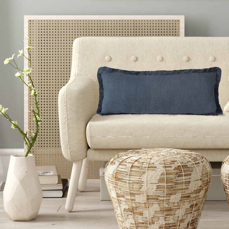 Housse de coussin en coton uni à franges, Bleu / Noir, Polyester/ bourre en polyester