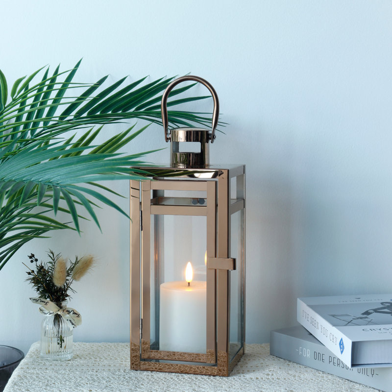 30 cm High Stainless Steel Candle Lantern for Indoor Outdoor Tabletop and Patio Use, Rose Gold