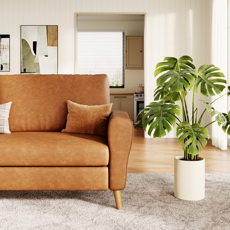 Causeuse moderne 84 po - Grand canapé avec accoudoirs et pieds en bois, revêtement en polyuréthane pour le salon (brun)