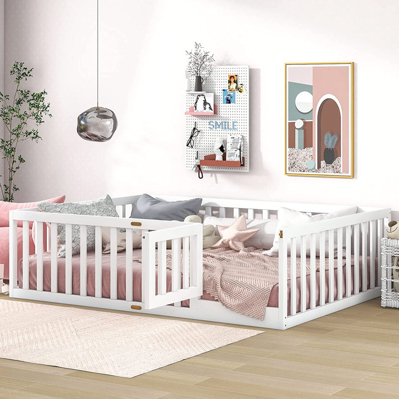 Finka Kids Floor Platforms Bed With Fence and Door, Full, White