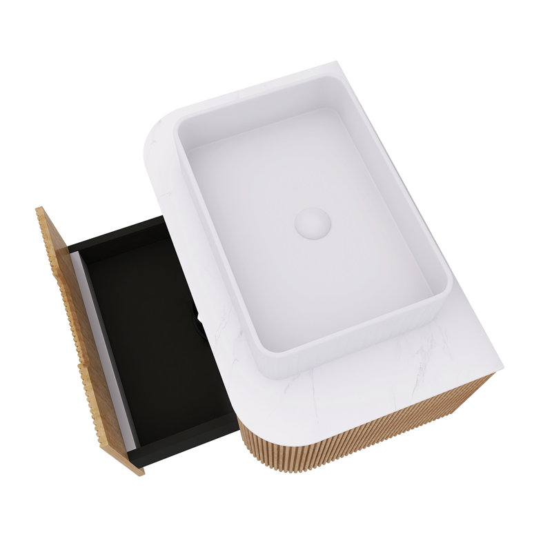 Meuble-lavabo mural de 30 po avec bords arrondis et conception rayée, armoire de rangement avec tiroir, lavabo rectangulaire en céramique blanche.