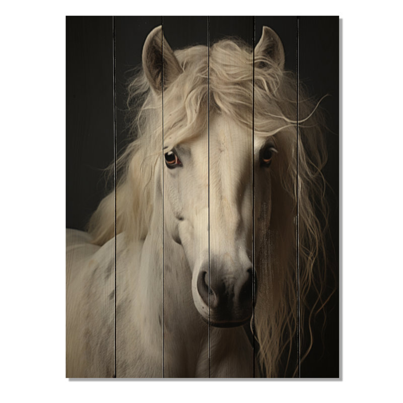 Cheval blanc aux tons sobres sur bois, H 32 po x l 24 po x P 0,78 po