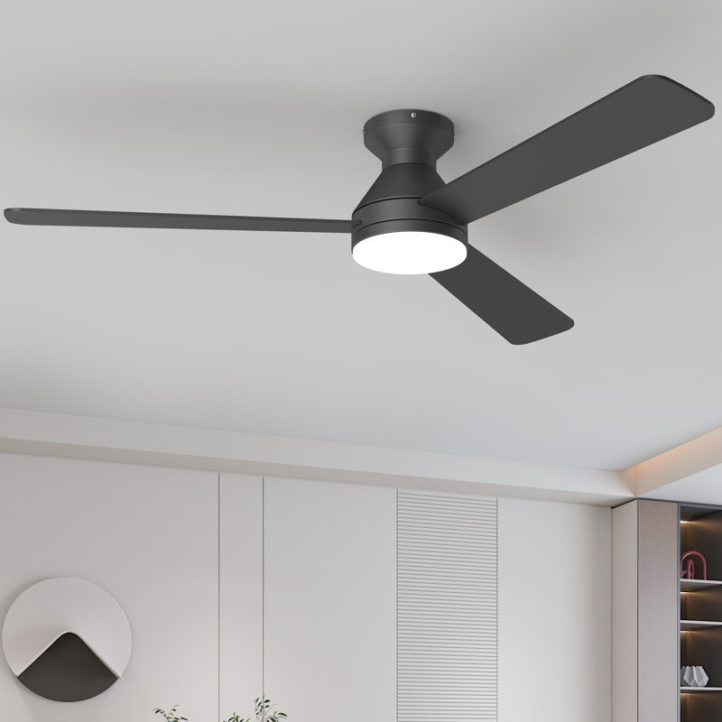 52 In. Dimmable Led Indoor/outdoor Black Flush Mount Ceiling Fan With Light And Remote, 6 Speeds Dc Reversible Noiseless