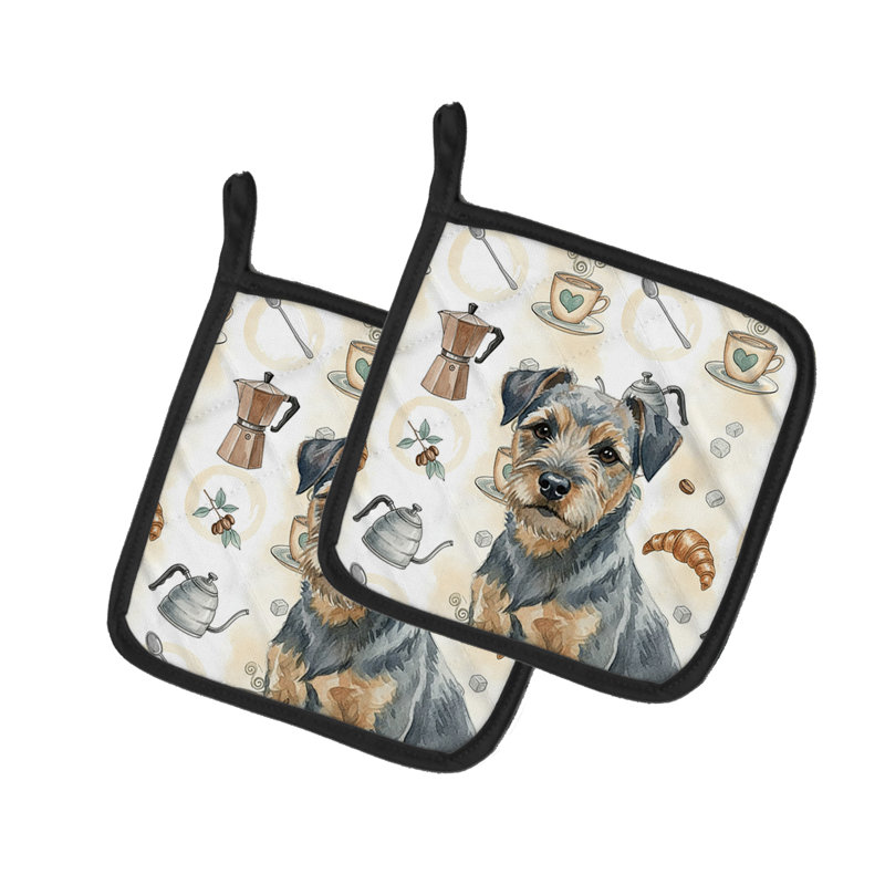 Paire de porte-cafetières Border Terrier bleu et brun clair