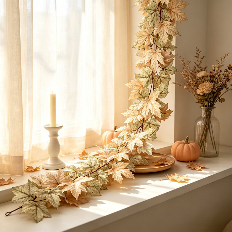 Guirlande artificielle de feuilles d'érable d'automne de 1,75 m (5,7 pi), fausses vignes d'automne pour la décoration de cheminée, d'escalier, de fête et d'extérieur à l'Halloween et à la fête de Thanksgiving.
