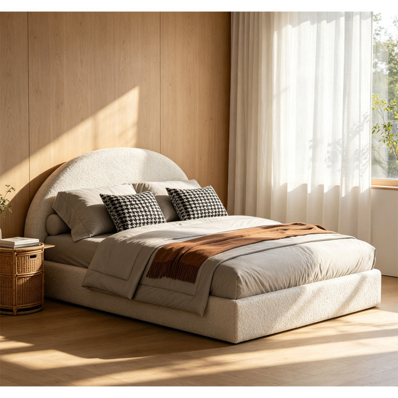 Boucle Bed Frame With Headboard, Kingsize (5'), White